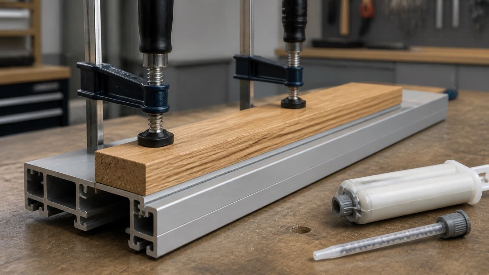 Holzleiste wird mit 2K-Epoxidklebstoff auf Aluminiumprofil geklebt