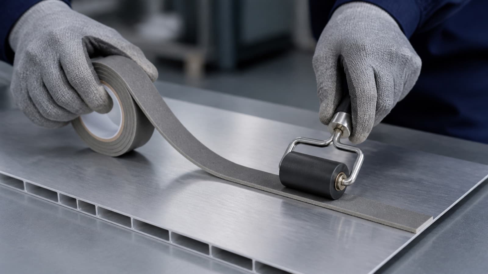 Acrylatklebeband wird mit Andruckrolle auf Aluminiumoberfläche appliziert